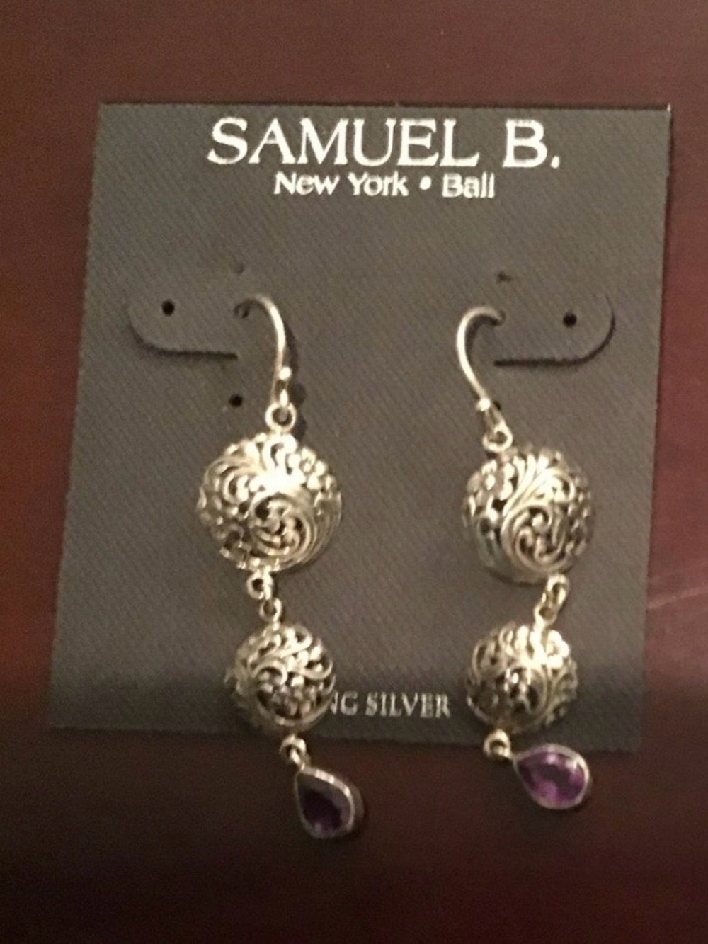 Samuel B. Sterling Silver Filigree Drop Earrings with Purple Amethyst